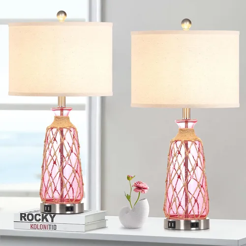 Miniatura 12 de Ruzectt Lámparas de mesa de cristal costero, lámparas de noche regulables de 3 vías con control táctil con 2 puertos USB y salida de CA, lámparas