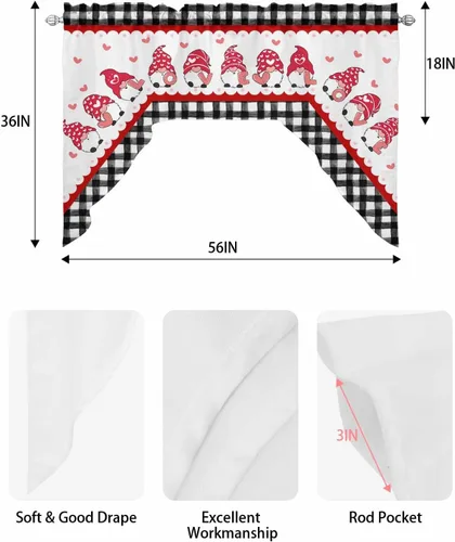 Miniatura 6 de Cortinas de Gnomos de San Valentín con Cenefa para Cocina, Cortinas con Bolsillo para Barra para Dormitorio, Sala de Estar, Baño, Cafetería, Negro