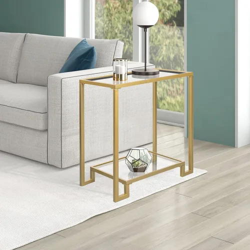 Miniatura 2 de Mesa auxiliar rectangular de 2 niveles, mesa auxiliar dorada con parte superior de cristal, mesa de centro moderna de metal transparente, mesa Dorado
