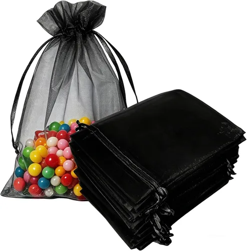 50 bolsas de organza con cordón de regalo para joyas, tela transparente de malla de 4 x 6 pulgadas, organizador de red negra, sobres geniales para
