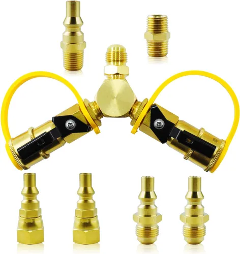 Miniatura 5 de Kit adaptador divisor en Y de propano de 1/4 pulgadas, 2 vías RV a parrilla de conexión rápida/desconexión de manguera de gas LP para cámperes