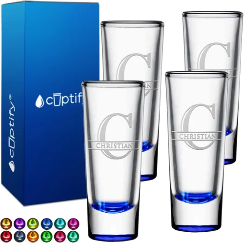 Miniatura 14 de Vaso de chupito personalizado con fondo verde azulado personalizado de 2 oz, vasos de chupito cordial con inicial en script dividido y nombre