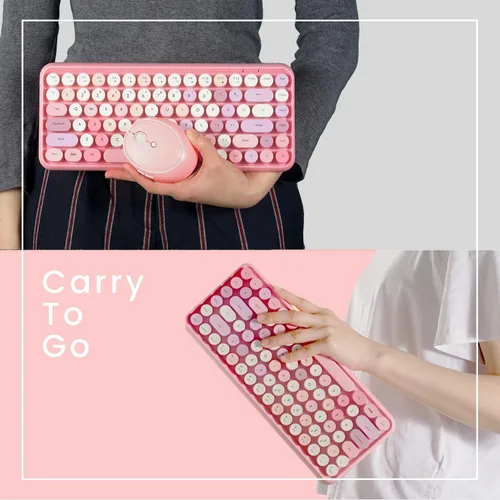 Miniatura 5 de Perixx PERIDUO-713 - Mini teclado inalámbrico y mouse, tapas redondas retro, rosa pastel, diseño en inglés de EE. UU