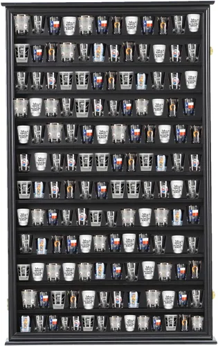 Miniatura 12 de Vitrina para Vasos de Chupito, Gabinete Grande de Madera, Soporte Montado en Pared, Caja de Sombra de Caoba con Cerradura y Protección UV, Puerta