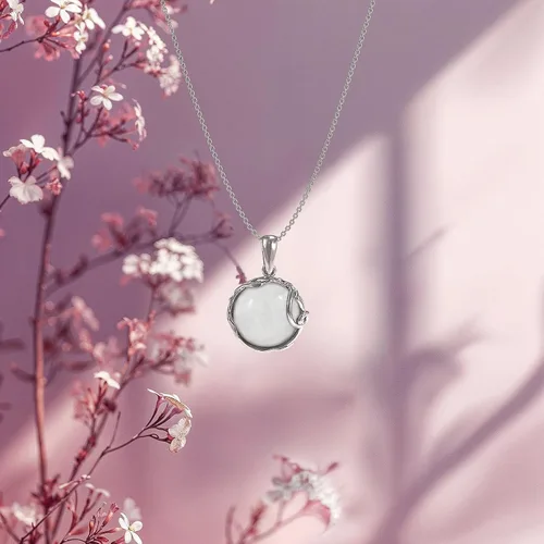 Miniatura 4 de 925 Sterling Silver Natural Moonstone Necklace - 14mm White Iridescent Round Gemstone Pendant, June Gemini Birthstone Birthday Present - Unique