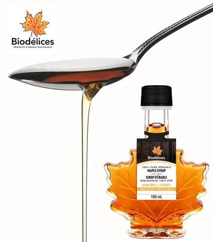 Miniatura 5 de Biodélices - Jarabe de arce orgánico 100 % puro, grado A, lo mejor de Quebec en elegante botella de hoja de arce de Biodélices