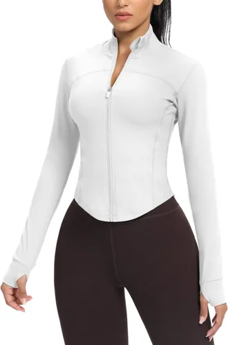 AVGO Chaquetas de entrenamiento recortadas para mujer, con cremallera, ajustadas, atléticas, con agujeros para el pulgar