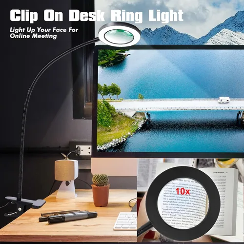 Miniatura 2 de Lupa de Escritorio con Luz 10x, Lupa con 3 Colores de Luz, 10 Niveles de Brillo Ajustable, Cuello de Cisne Flexible, Lámpara de Aumento