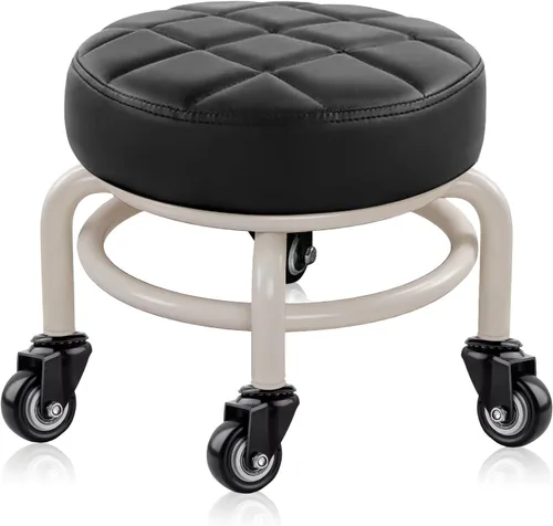 Miniatura 8 de Taburete bajo redondo rodante, de piel sintética, 360°, más cómodo, giratorio con cojín de esponja gruesa para salón de uñas, pedicura, spa y hogar