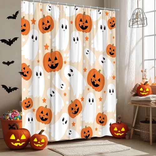 Bonita cortina de ducha fantasma de Halloween, calabaza espeluznante, divertida tela de dibujos animados para decoración de baño, bañera con ganchos