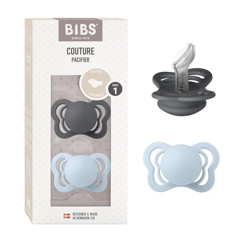 BIBS Chupetes – Colección Couture | Pezón anatómico sin BPA | Silicona | Fabricado en Dinamarca | Juego de 2 chupetes premium hierro/color azul bebé