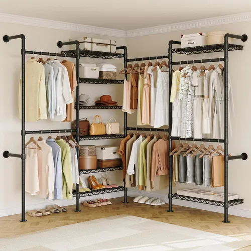 ONBRILL L4 - Perchero industrial de tubería para montar en la pared, sistema organizador de armario con 6 barras de ropa colgantes (4 varillas Negro