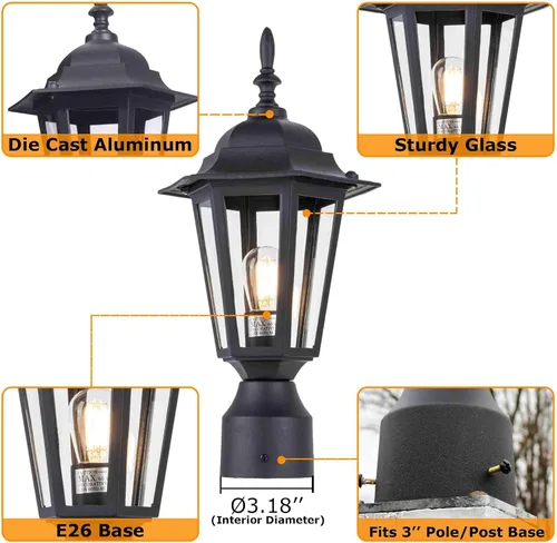 Miniatura 4 de LIT-PaTH Lámpara de poste para exteriores de 16 pulgadas, farol de poste exterior con vidrio transparente, iluminación de poste de aluminio cableado