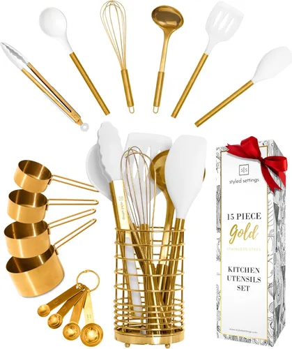 Miniatura 13 de Juego de utensilios de cocina negros y dorados, herramientas de cocina de silicona de 7 piezas con soporte dorado para utensilios de cocina 7 piezas