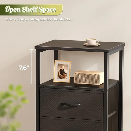 Miniatura 8 de Huuger Mesita de noche con 2 cajones, mesa auxiliar de cama con estante abierto, parte superior de madera, mesita de noche para dormitorio, mesa