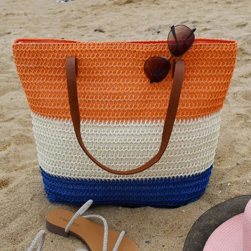 Miniatura 19 de Bolso grande de paja para mujer, tejido de ratán, bolso de playa de verano, a rayas