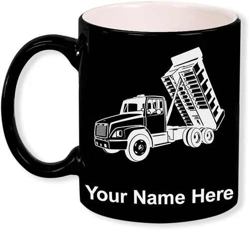 LaserGram Taza de café redonda de cerámica de 11 onzas, camión volquete, grabado personalizado incluido (negro)