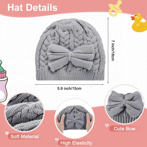 Miniatura 16 de SATINIOR 3 Set Toddler Hat Glove Set, Kids Winter Hats Warm Knitted Beanie Mittens Gloves with Bow for Baby Girls Boys 0-6Y