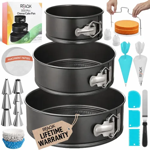 RFAQK Juego de 100 moldes para pasteles para hornear + suministros de decoración de pasteles: 3 moldes antiadherentes (4, 7, 9 pulgadas), puntas de