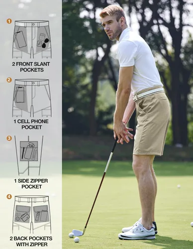 Miniatura 4 de PULI Pantalones cortos de golf híbridos para hombre, estilo casual, chino, elástico, frente plano, ligero, de secado rápido con bolsillos