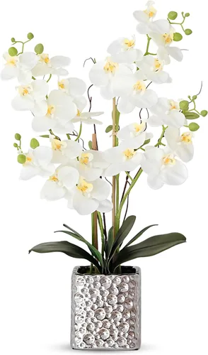 Miniatura 7 de Flores artificiales de orquídea con jarrón plateado, flores de falaenopsis de seda sintética grande para mesa de comedor, centros de mesa florales