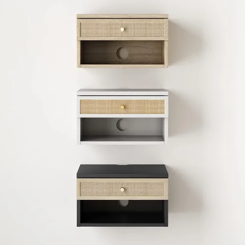 Miniatura 8 de Nathan James Jackson - Mesita de noche flotante de ratán montada en la pared con cajón de almacenamiento y estante abierto moderno, roble claro/ratán