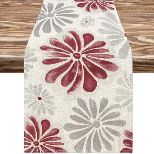 AnyDesign Camino de mesa floral acuarela con flores rojas y grises, decoración de mesa de comedor, cubierta rústica para interiores y exteriores,