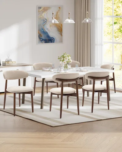 Miniatura 9 de Juego de 2 sillas de comedor, sillas de comedor tapizadas de granja, sillas de cocina de tela moderna con patas de madera maciza, color beige