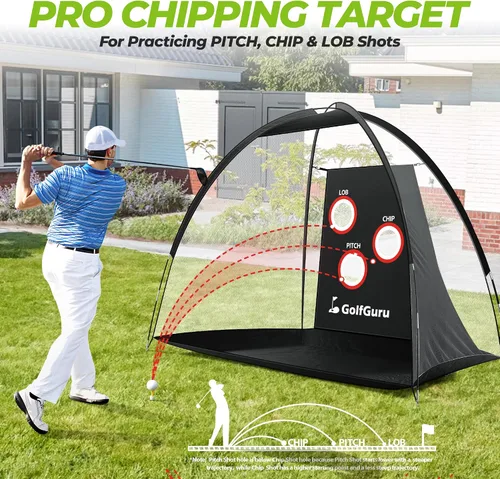 Miniatura 3 de Golfguru Red de práctica de golf todo en 1: 10 x 7 pies con objetivo de astillado profesional, tapete de triple césped, 10 bolas, 7 camisetas, 2