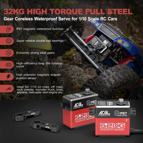 Miniatura 3 de AGFRC Servo RC de alto par de torsión impermeable IP67 de 70.5 lbs - Servo de dirección sin núcleo de engranaje de metal completo para 1/10 RC Car