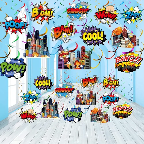 Sumind 54 carteles colgantes con temática de héroe de remolinos de acción de papel de aluminio para el techo, decoración de fiesta para niños, baby