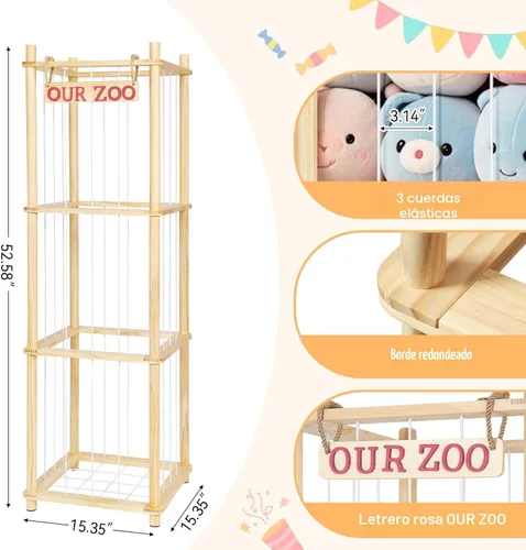 Miniatura 3 de Almacenamiento de Animales de Peluche - Organizador Alto de Juguetes de Madera de Pino Natural con Cuerdas Elásticas y Estante, Casa