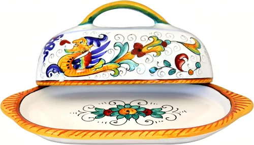 Deruta Italy - Mantequera Raffaellesco | 1 pieza de 8.5 x 4 x 4.5 pulgadas | Cerámica italiana hecha a mano y pintada a mano | Contenedor de cocina