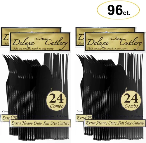 Miniatura 3 de Party Essentials Paquete combinado de cubiertos de plástico duro extra resistente, cuchillos, tenedores, cucharas, negro, 96 piezas/32 lugares