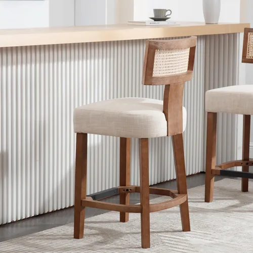 RIVOVA Taburete de bar de ratán de 26 pies, taburetes de cocina modernos con respaldo tejido de ratán natural, sillas tapizadas de lino de granja,