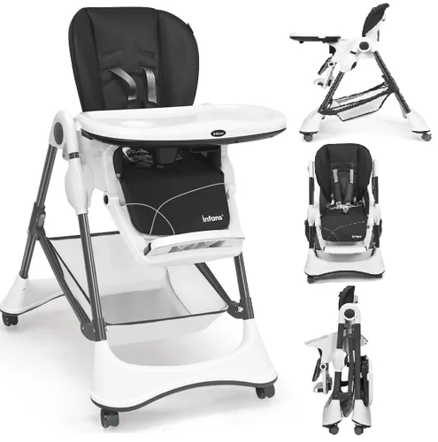 Miniatura 8 de INFANS Silla alta con bandeja extraíble con una sola mano, 4 ruedas bloqueables y cesta de almacenamiento grande, altura multiajustable, reclinable