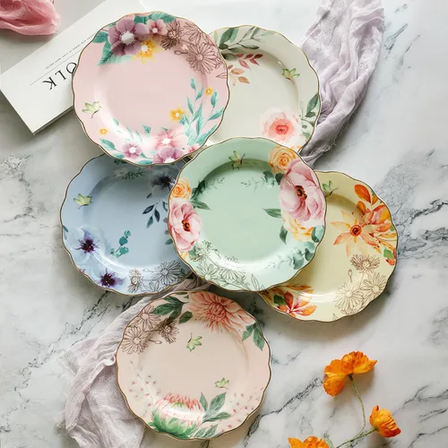 Miniatura 3 de BTaT - Platos florales de porcelana, 8 pulgadas, juego de 6, platos de postre real, platos florales, platos de ensalada, platos pequeños, juego