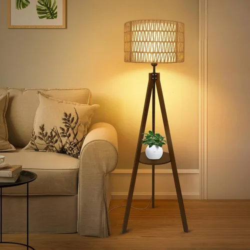 Miniatura 2 de LAMSU Lámpara de pie con trípode bohemio con estantes, lámpara de pie de madera de mediados de siglo con pantallas de ratán y tela, interruptor