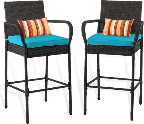 Sundale Outdoor Juego de 2 taburetes de bar, 2 taburetes de mimbre de ratán, sillas de bar para patio con brazos, cojín azul, muebles de mimbre para