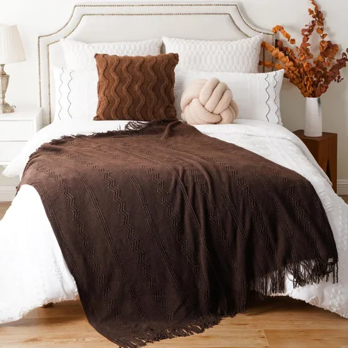 Miniatura 5 de BATTILO HOME Manta marrón para sofá, manta bohemia decorativa de punto chocolate para el hogar, cama, 50 x 60 pulgadas Marrón ondulado
