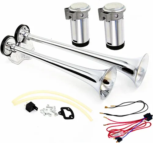 Miniatura 7 de Bocina de aire del coche 165DB tono alto y bajo 24 V doble tubo trompeta camión plata cromo zinc auto con dos bombas de compresor para barco
