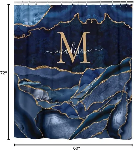 Miniatura 6 de Cortina de ducha azul marino y dorado, cortina de ducha con monograma con nombre personalizado de geoda ágata con 12 ganchos, decoración de bañera