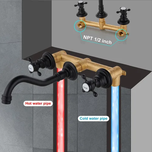 Miniatura 2 de Midanya Grifo de fregadero de baño extendido para montaje en pared, 3 agujeros, 2 pomos cruzados, latón lavabo mezclador, boquilla mezcladora, doble