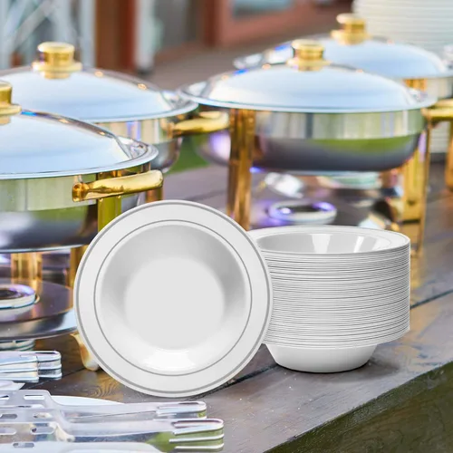 Miniatura 3 de Cuencos blancos con borde plateado, 12 onzas, 50 unidades, plástico duro, desechables o reutilizables, cuencos de postre, ensalada, cereales, pasta
