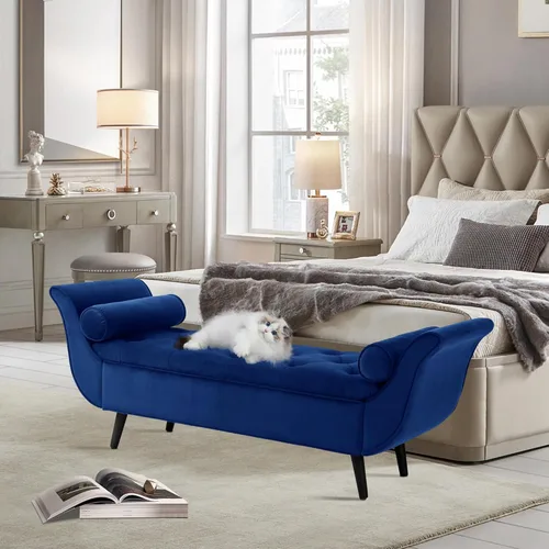 Miniatura 11 de Banco de almacenamiento de terciopelo para dormitorio, banco de extremo de cama con otomana, bancos tapizados con botones capitoné tamaño King