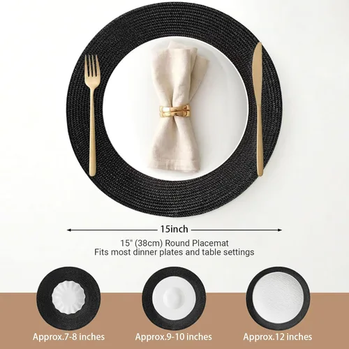 Miniatura 2 de FunWheat Juego de 4 manteles individuales redondos trenzados para mesas de comedor, tejidos, lavables, antideslizantes, 15 pulgadas (negro, 4 piezas)
