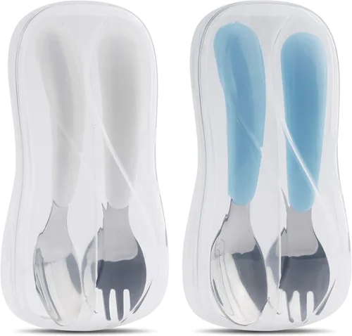 Kirecoo Juego de 2 utensilios para niños pequeños, tenedores y cucharas para niños, juego de cubiertos de acero inoxidable para niños, cubiertos