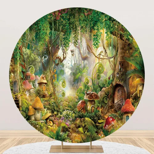 Miniatura 2 de AOFOTO Cubierta de fondo redonda de bosque encantado de 7 x 7 pies, diseño de selva mágica, cuento de hadas, setas, casa de árbol, fantasía, país