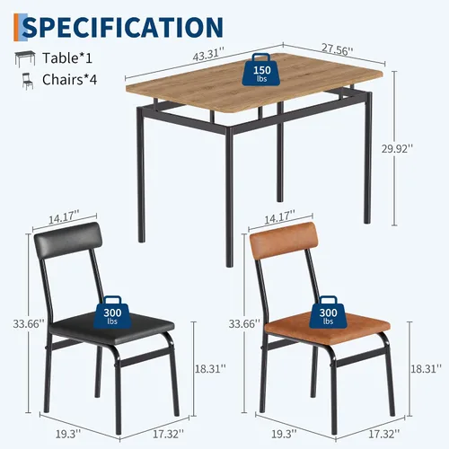 Miniatura 2 de Garvee Juego de mesa de comedor para 4, mesa de comedor y sillas de madera de 5 piezas, 4 sillas tapizadas de poliuretano, juego de comedor moderno
