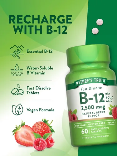 Miniatura 5 de Nature's Truth Vitamina B12 60 tabletas de disolución rápida 2500 mcg con ácido fólico Vegano, sin OMG y sin gluten